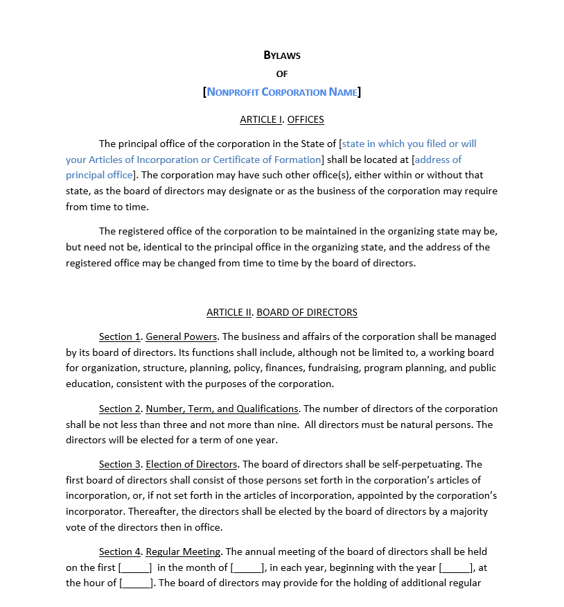 Bylaws for Nonprofit Organization